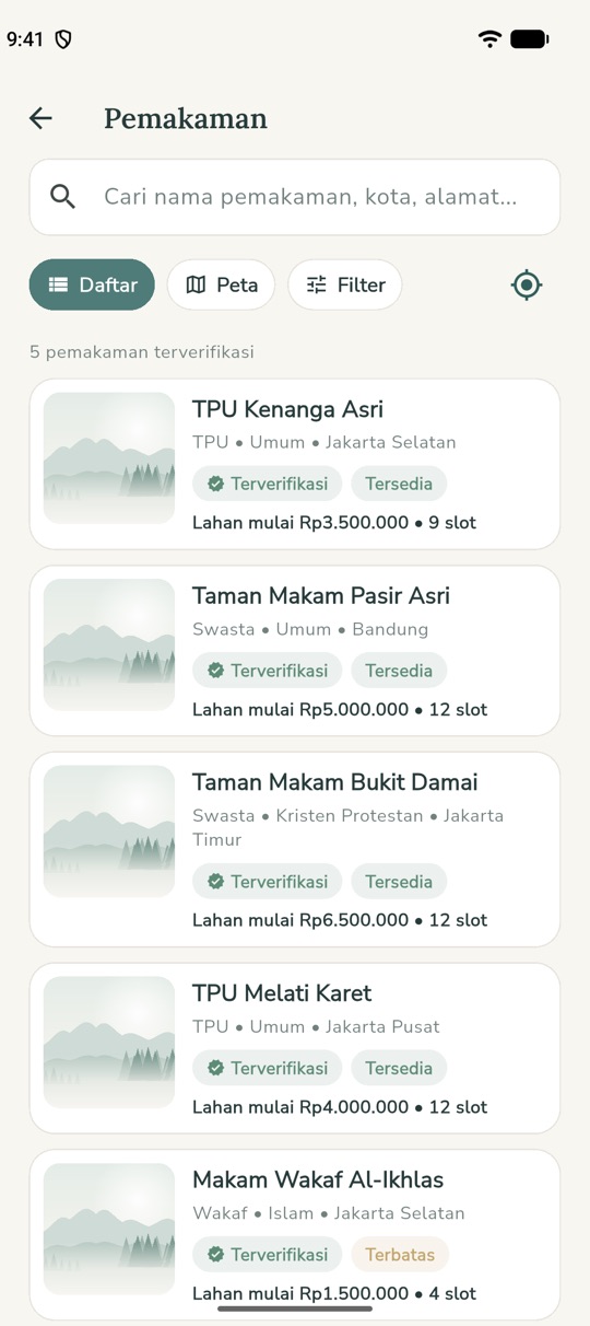 Layar daftar pemakaman di aplikasi