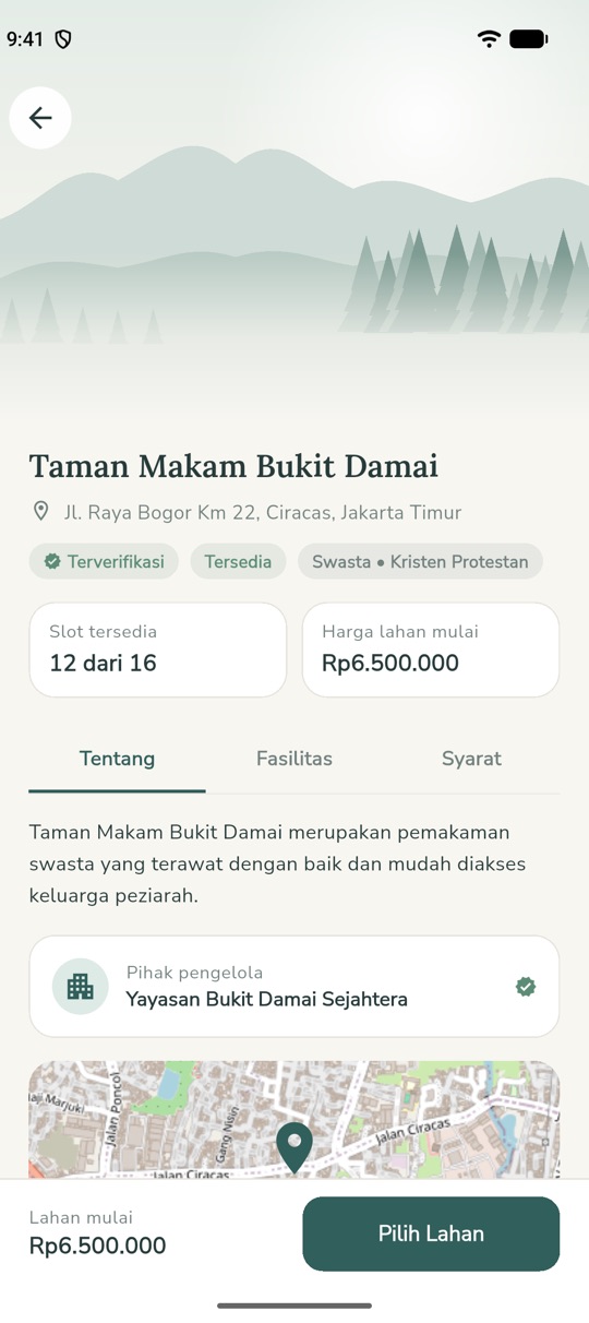 Halaman detail pemakaman di aplikasi