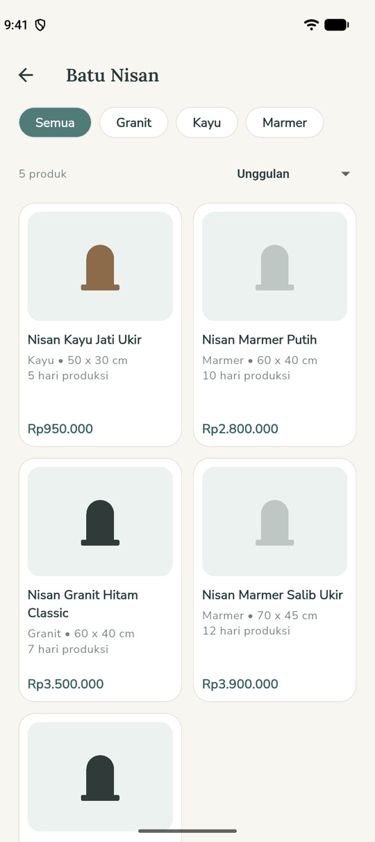 Layar pilihan batu nisan di aplikasi